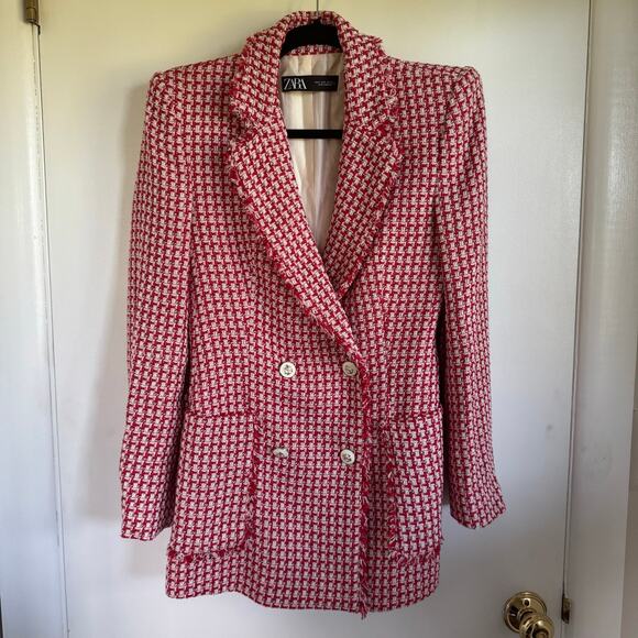 Zara Womens Tailored Double Breasted Red White Tweed Blazer Jacket Size Small - Picture 1 of 11